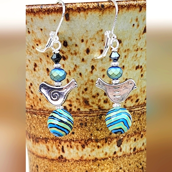 Dangly Bird Earrings in Tones‎ of Turquoise & Blue Natural Stones, Handcrafted - Picture 1 of 2